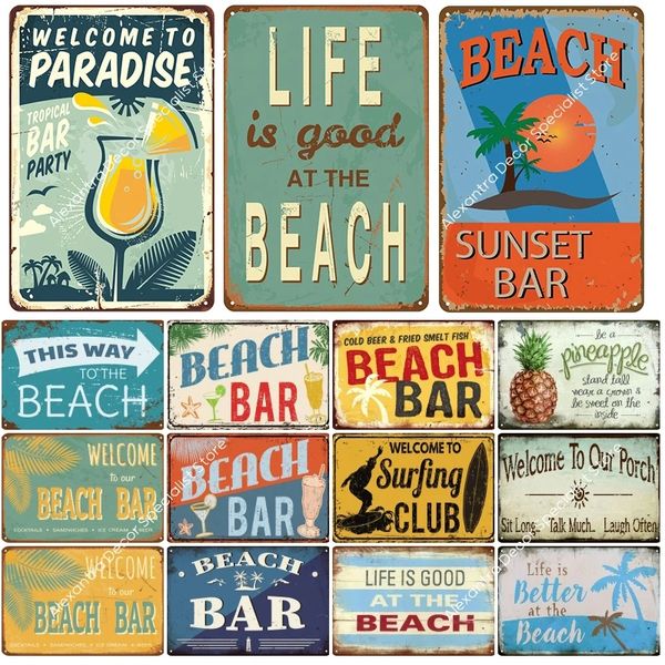 Cartel de chapa de playa Pintura de metal Cartel de pared de metal de verano vintage Decoración de playa para bar de playa Casa de playa Placa decorativa junto al mar 20x30cm Woo