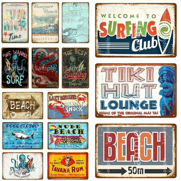Letrero de hojalata para playa, Tiki Hut Lounge, pintura de Metal, decoración de pared para Bar de playa, casa de playa, Club de surf decorativo, 20cm x 30cm Woo