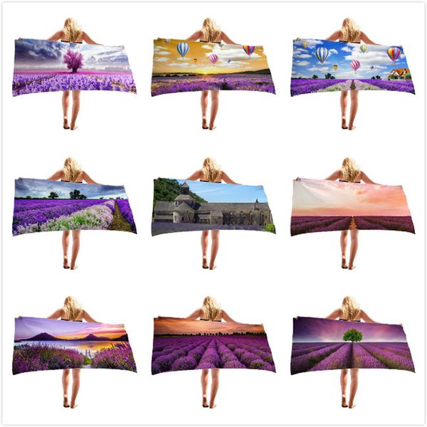 Serviette de plage écharpe serviettes de sports nautiques en plein air séchage rapide natation surf portable grand tapis de yoga couvertures de chaise de plage série lavande imprimée en 3D