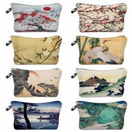 Bolsa de maquillaje de viaje de playa Mujeres Eco Reutilizable Japonés Ukiyoe Diseño Bolsa de cosméticos Bolsa de aseo Mini Crane Designer t7os #