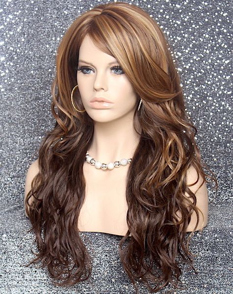 Beach Wavy Brown mix Full Wig Long Bangs Heat OK Layered Hair Piece 8-12 NWT