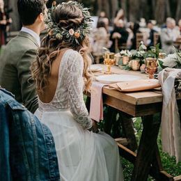 Robe de mariée de plage à manches longues robe de noiva Vintage dentelle haut en mousseline de soie jupe Boho robes de mariée balayage Train