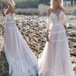 Robes de mariée de plage robes de mariée pour femmes 2021 Hippie Maxi Lace Bohemian Crochet Boho Off Boder plus taille 295V