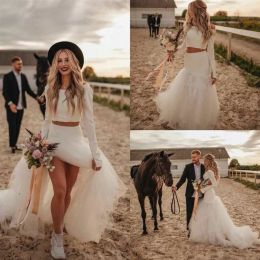 Boda en la playa Vestidos sencillos Vestido de novia Dos piezas Volantes escalonados Manga larga Tren de barrido Cuello redondo Por encargo Tallas grandes Vestido De Novia