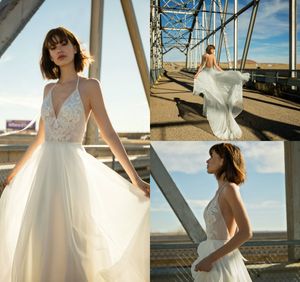 Flora Bridal 2019 Vestidos de novia Playa con gasa Una línea Halter Vestidos de novia sin espalda Ilusión Blusa Vestido de novia Vestidos De Novia