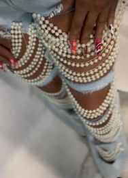 Beachapche jean droit femmes trous perles diamant strass solide taille haute mode coton haute rue Denim pantalon 240311