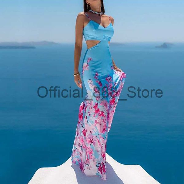 Beachbele Femme Robes Imprimer Summer Sling Élégant Sexy Slim Col V Robes sans manches Femme Découpe Taille nue Party Club Robes x0825