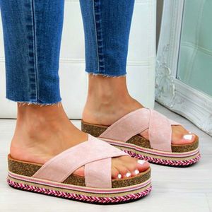 Playas Verano Sandalias de mujer Fondo grueso Zapatos de estilo popular personalizado Zapatos de mujer Sandalias de cuerda de cáñamo cruzadas Zapatos de talla grande C0410