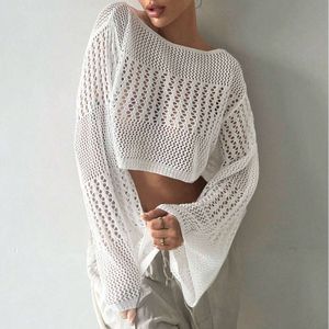 Ropa de playa Malla Playa Color sexy Crochet para mujer Nadar Sólido Hombro caído Cubrir la parte superior