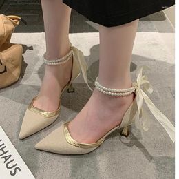 Bead 186 Sandalen String boog hoge hakken sexy puntige teen schoenen zomer 2024 jurk elegante mode feestpompen zapatos para mujer