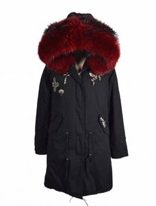 Perle Noir Parka Avec Fourrure Lg Hiver Femmes Vin Rouge Fausse Fourrure Manteau Racco Fourrure Garniture N2rx #