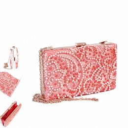 Cordón de cuentas de lujo de las mujeres bolso de embrague de noche elegante clip de metal señora perla bolso del partido bolso rosa femenino cadena de la boda bolso de mano n1st #
