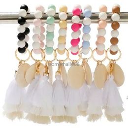 Perle Bois Bracelet Bijoux Silicone Perlé Gland Perlé Porte-clés Coloré Fringe Bracelets Bracelet Poignet Porte-clés Pendentif Sac AA