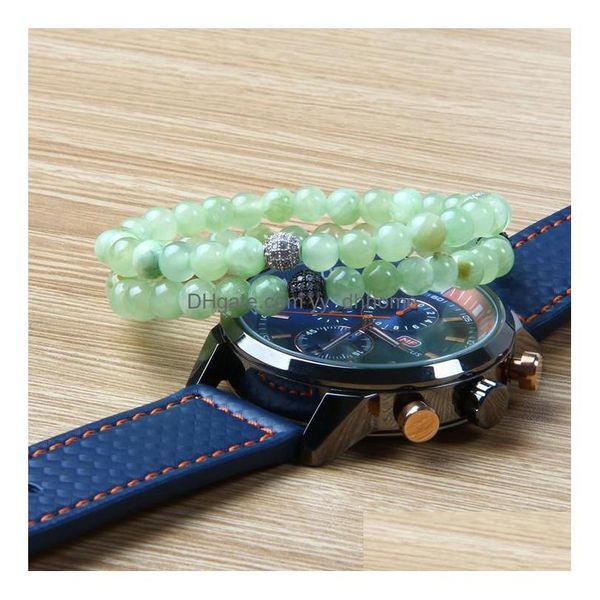 Perlé 10 Pièces Bijoux Couples En Gros 6Mm Pierre Vert Clair Naturel Avec Bracelet Perlé Boule Cz Clair Pour Fille Et Cadeau Femme Dhysg