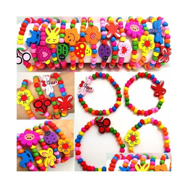 Beaded 100 pièces filles bois naturel perlé Bracelets Styles mélanger enfants bracelets en bois enfant sac de fête remplisseurs cadeau d'anniversaire en gros Dh1Qo