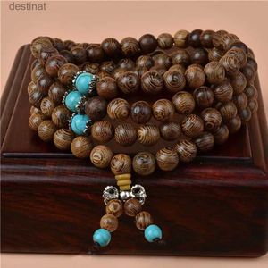 Con cuentas 108 Pulseras con cuentas de madera para hombres Mujeres Sándalo Budista Buda Meditación Oración Azul Turquesa Pulseras de múltiples capas de 6 mm L24213