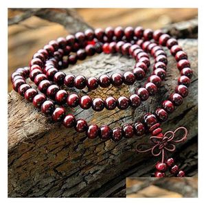 Con cuentas 108X6Mm Cuentas de sándalo rojo genuino Buda Malas Pulsera Joyería saludable Hombre Muñeca Mala Pulseras Brazalete largo Relin Regalo Gota Dhk9Y