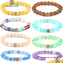 Kralen 12 kleuren Moonstone flash steen armband voor vrouwen mannen 8mm dl Poolse matglas kralen cz micro pave ball charme drop dhdmz