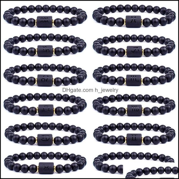 Beaded 12 Constellation Bracelets Men Black Stone Bead Strands Bracelet Star Sign Zodiac Horóscopo Amante Pareja Amistad Joyería D Dhk7Y