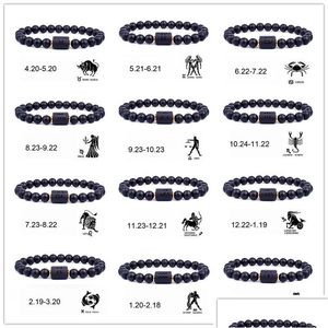 Perlé 12 Constellations Strand Bracelets Bracelet en perles de verre noir naturel Signe astrologique Constellation Horoscope Couple Amitié Goutte Dh8So