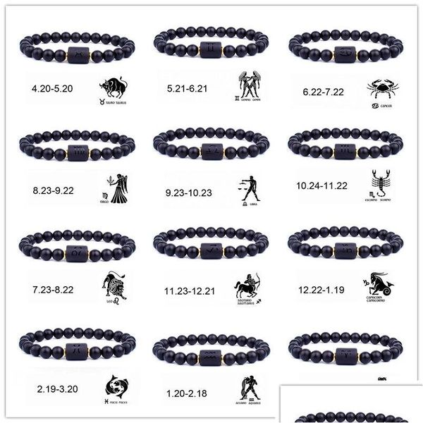 Perlé 12 Constellations Strand Bracelets Bracelet en perles de verre noir naturel Signe astrologique Constellation Horoscope Couple Amitié Goutte Dh8So