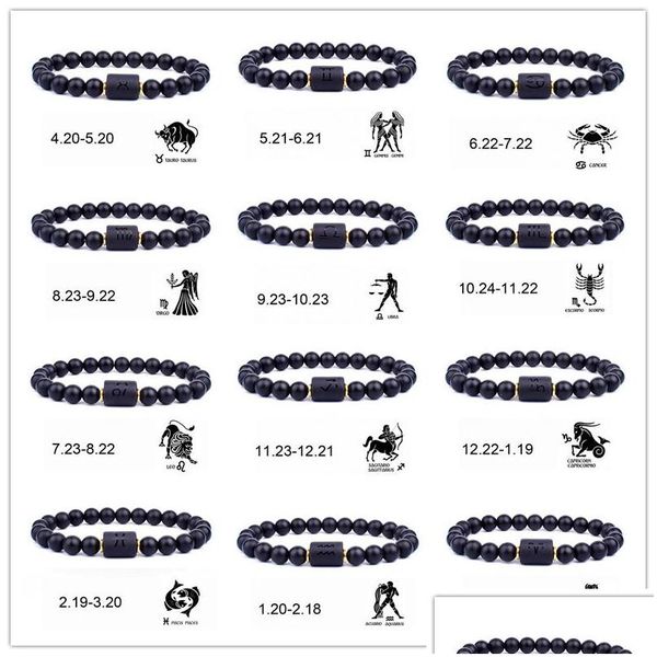 Braccialetti con 12 costellazioni di perline Braccialetto di perline di vetro nero naturale Segno zodiacale Costellazione Oroscopo Coppia Amici Dhgarden Dh6T3