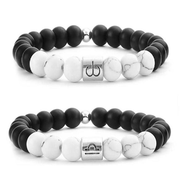 Cuentas 12 Signo del zodiaco Pulseras con dijes para mujeres Hombres Pareja 8Mm Ágata mate Cuentas de piedra Cadenas Envoltura Elasticidad Brazalete Joyería de moda Dhyix