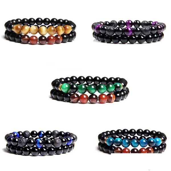 Perlé 2 Pcs Couples Bracelets Hommes Poli Noir Onyx Perles Bracelet Pour Femmes Énergie De Guérison Vert Oeil De Tigre Pierre Bracelet Bijoux Dhqvn