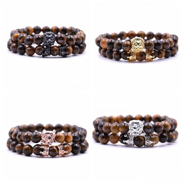 Perlé 2 Pcs / Set Animal Roi Lion Tête Oeil De Tigre Bracelet Noir Pierre Naturelle Couronne Couple Braclet Ensembles Pour Hommes Main Bijoux Accesso Dhkct