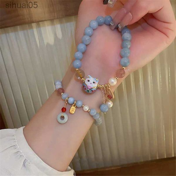 Beaded 2023 nouveau Bracelet pour femmes perle Agate chat chanceux Jade pendentif Style chinois mignon Simple sauvage élastique corde cristal perles bijoux YQ240226