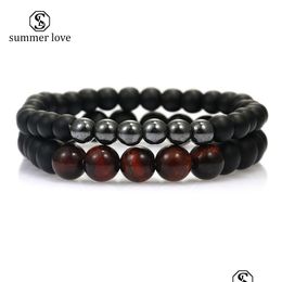 Beaded 2Pcs / Set 6Mm 8Mm Tiger Eye Stone Beads Bracelet Para Mujeres Hombres Moda Natural Black Agate Elastic Yoga Energy Couple Drop Del Dhkfg