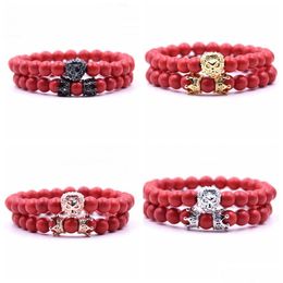 Kralen 2 stks/set Animal King Lion Head Red Turquoise Bangle Natural Stone Crown paar armbandsets voor mannen Hand Jewelry Acc Dhgarden Dhxyw