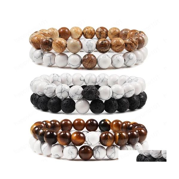 Perlé 2pcs / Set Hommes Tiger Eye Perles Bracelets Classique Pierre De Lave Naturelle Blanc Et Noir Yinyang Couple Bracelet Pour Femmes Drop Deli Dhqsy