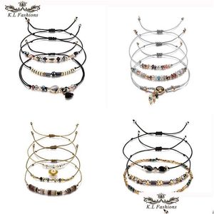 Perlé 3Pcs / Lot Bracelet De Perles Pour Femmes Mticolor Cristal Série Tandem Feuille Coeur Rond Géométrique Pendentif Tissé Cire Corde Di Dhgarden Dh6Jz