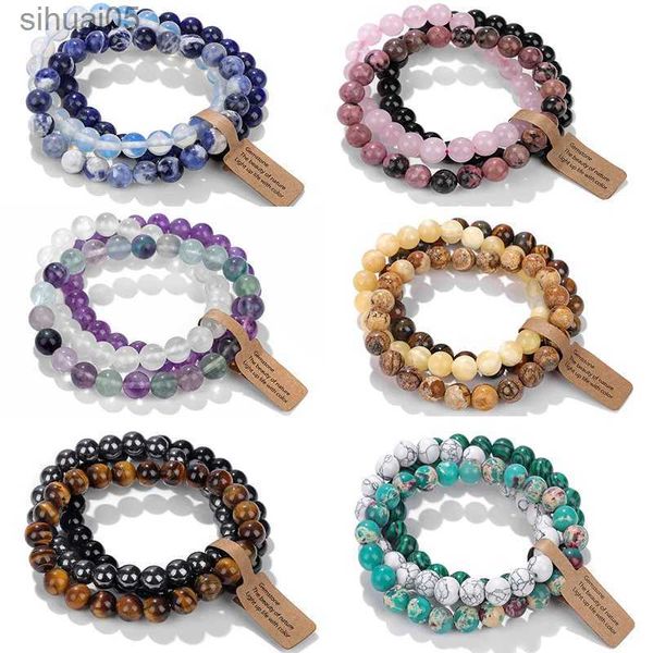 Con cuentas 3PCS Pulsera de piedra natural Cuarzo rosa Ópalo Turquesas Amatistas Hematita Jaspers Pulseras para mujeres Hombres Conjunto de joyas de regalo YQ240226