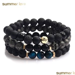 Con cuentas 3 Unids / set Moda 8 Mm Negro Lava Bead Pulseras Elásticas Natural Tiger Eyes Glass Pulsera Para Hombres Mujeres Joyería Regalo Drop Deliv Dhp1P