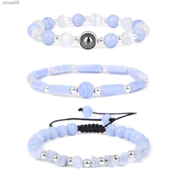 Beaded 3 pièces/ensemble Bracelet d'agates naturelles ensemble pour femmes hommes perles de pierre de guérison Bracelet bleu dentelle Agates bracelets femme bijoux Yoga YQ240226