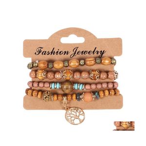 Kralen 4 stcs/lot vintage life charme armbanden ingesteld voor vrouwen houten houten houten kralen elasticiteit ketens bangle mode bohemian juweel dhdsm