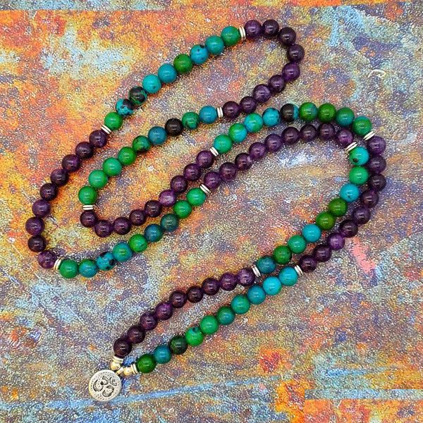 Perles 6 mm 108 Perles de prière Collier mala ou bracelet lotus bouddhiste charme bijoux amethystes chrysocolla gouttes livraison bracelets dhbxw