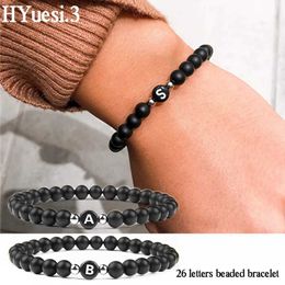 Bracelet de perle en pierre noire de 6 mm noir unisexe 26 Nom des initiales avec corde élastique utilisée comme cadeau d'amitié pour les couples