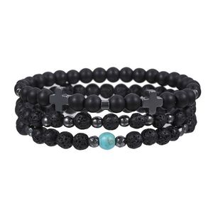 Perlé 6Mm pierre de lave naturelle fait à la main croix perles brins bracelets de charme Club de fête élastique bijoux de sport pour hommes livraison directe J Dholb