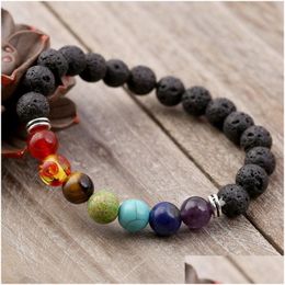 Boaded 7 pulsador de chakra hombres negros de lava de lava nce beads reiki buddha oración de piedra natural yoga mujeres joyas de entrega de entrega dha8i