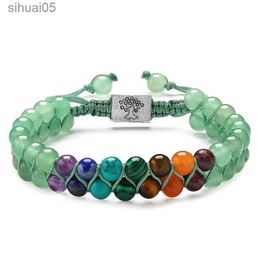 Pulsera de cuentas de ágata de cristal natural trenzada de doble capa Árbol de la vida de 7 chakras con cuentas YQ240226