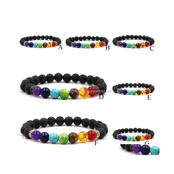 Perlé 7 Style Rainbow Chakras Huile Essentielle Par Diffuseur 8Mm Perles De Pierre De Lave Noire Bracelet Nce Stretch Hommes Drop Livraison Bijoux Dhedw