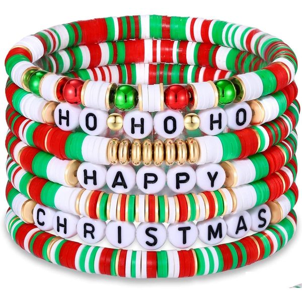 Bracelets de Noël en perles 7pcs Set Holiday Heishi Stretch Stretchs Red Green Polymer Lettre d'argile Empilable Friendship Charms Summer DHPMQ