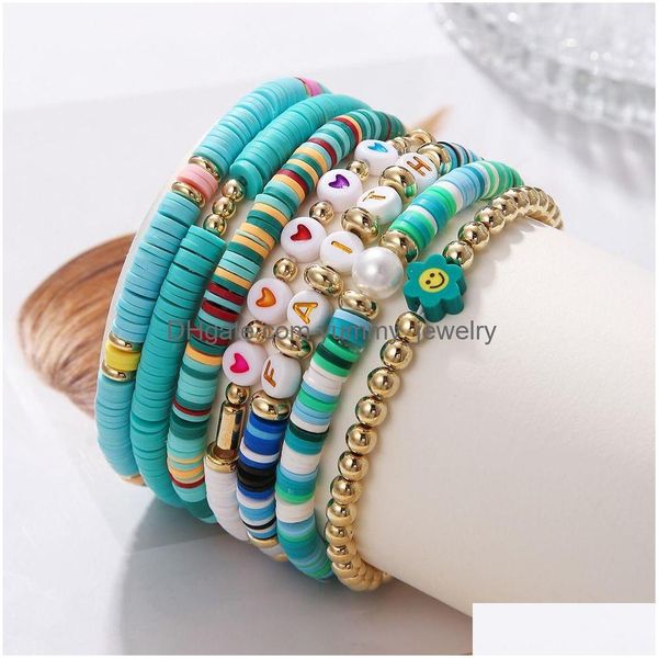 7 pièces ensemble de bracelets de foi surfeur Heishi brins de perles amour coeur charme argile douce empilable Boho bracelets femmes été plage Dhsh7