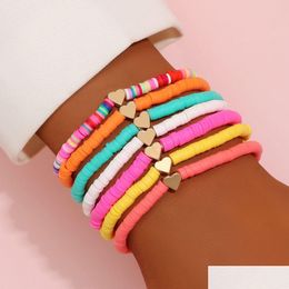 Kralen 7st Surfer Heishi armbanden set kralen strengen regenboog goud liefde hart charme stretch 4 mm zachte klei stapelbare boho polsbandjes G Dhj0C