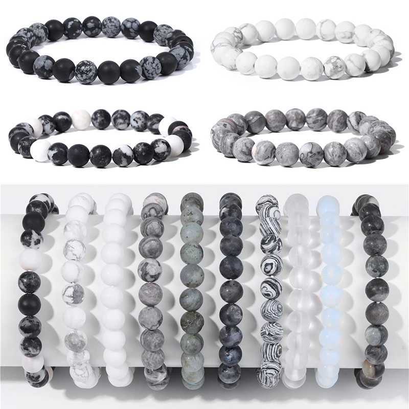 Beaded 8mm black and white natural stone bracelet handcrafted matte protein bead energy yoga mens jewelry gift