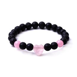 Con cuentas de 8 mm de piedra de lava negra Colorf Pulsera en forma de corazón Ojo de tigre Brazalete de cuarzo rosa para mujeres Joyería de yoga Sujetador de entrega de gota Dhgarden Dhpj7