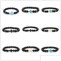 Perlé 8 mm perles de pierre noire croix charmes élastique brin bracelet bracelet pour femmes hommes bijoux livraison directe bracelets Dhgarden Dhgkq